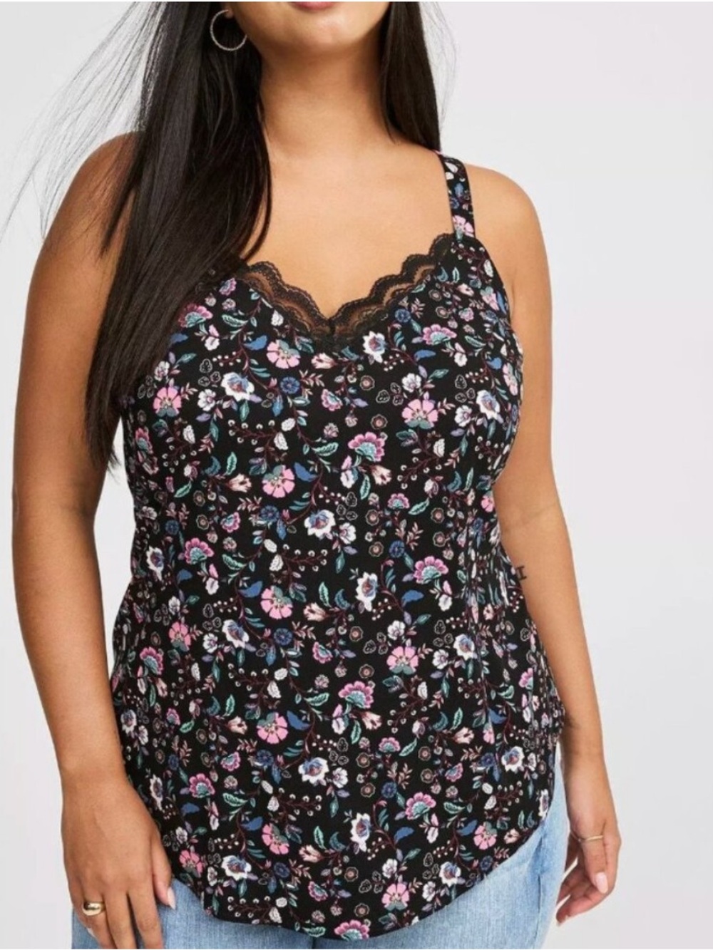 Torrid Ava Challis Floral Lace Trim Cami Tank Top Black Pink Plus Size 2 18/20